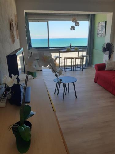 un salon avec vue sur l'océan dans l'établissement superbe appt face à la mer, wifi, à Canet