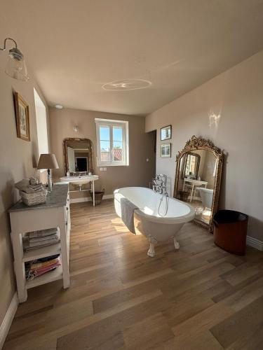une grande salle de bain avec une baignoire et un grand miroir dans l'établissement Hôtel Particulier Petit-Decaix, à Conty
