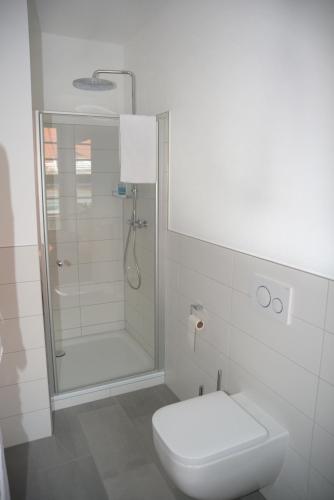 a white bathroom with a shower and a toilet at Schloss Thurnau in Thurnau
