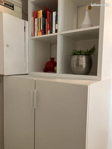 une armoire blanche avec une plante en pot et des livres dans l'établissement Le Cosy Parisien - Canal Saint Martin - Paris 10eme, à Paris