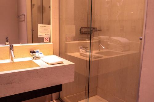 a bathroom with a sink and a glass shower at Tryp by Wyndham Belo Horizonte Savassi in Belo Horizonte