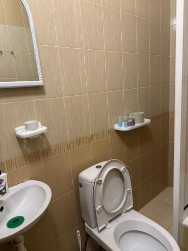 a bathroom with a toilet and a sink at Готель "Український Дворик" in Lviv