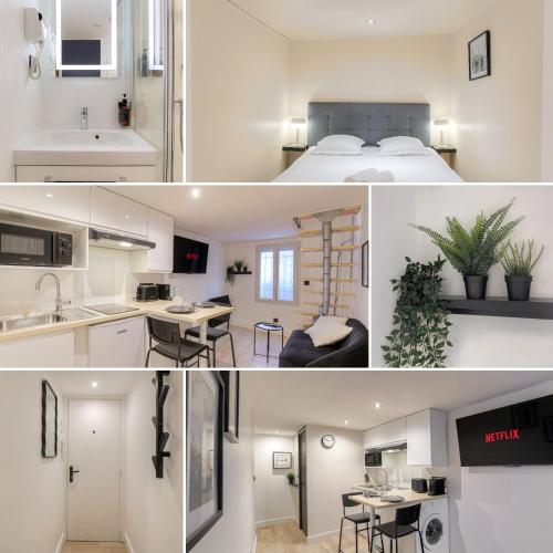 deux images d'une cuisine et d'un salon dans l'établissement City-duplex, à Lyon