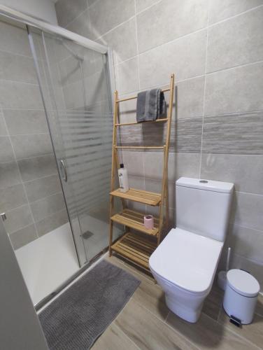 a bathroom with a white toilet and a shower at Casa Sáner in Rábade
