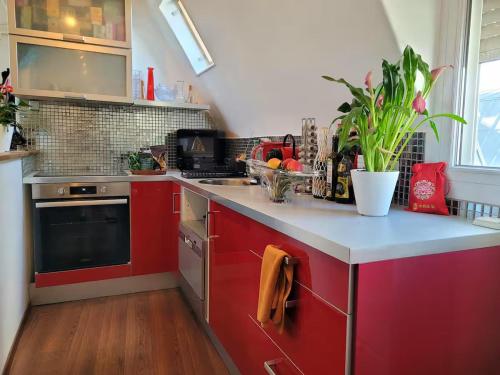 une cuisine avec des armoires rouges et un comptoir blanc dans l'établissement Loft très calme tout confort proche Parc des Expos de Versailles vue Tour Eiffel, à Paris