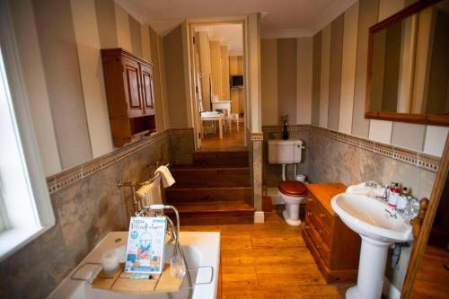a bathroom with a sink and a toilet at Burtree Country House, Tipi's, Treehouse & Lodge & house rooms with hot tubs in a private garden in Thirsk