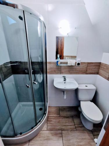 a bathroom with a shower and a toilet and a sink at Wellness Hostel Polskie Wrota in Lewin Kłodzki