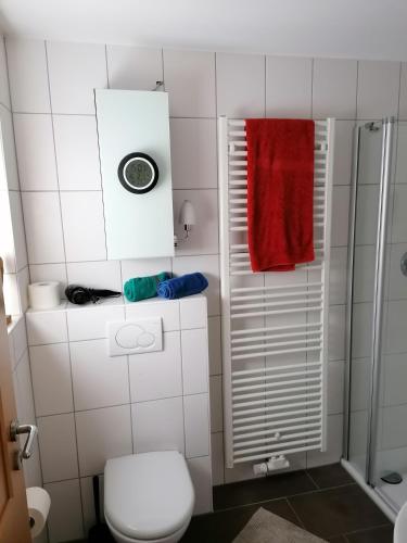 a bathroom with a toilet and a shower and a red towel at Appartement Auszeit in Olsberg