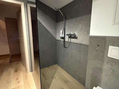 eine Dusche in der Ecke eines Badezimmers in der Unterkunft Holzhaus am Listersee in Windebruch