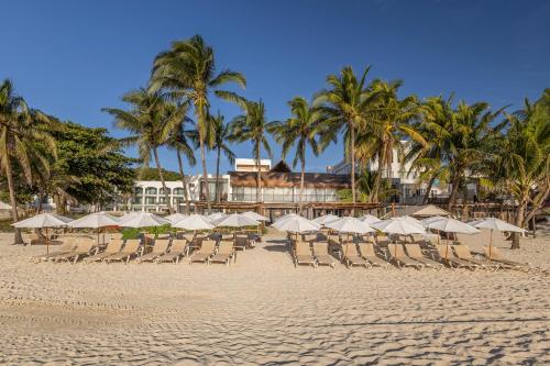 a beach with chairs and umbrellas and palm trees at Areia Playa del Carmen - Beach Front Hotel in Playa del Carmen