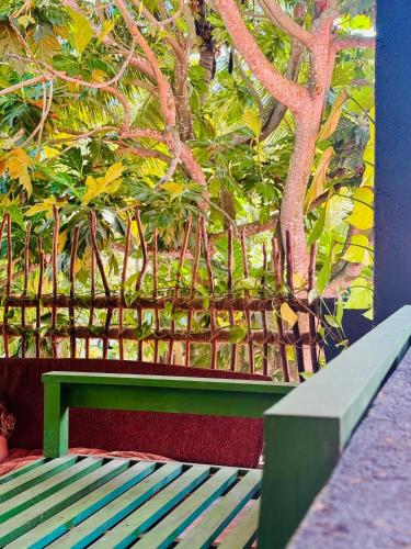 a green bench sitting in front of a tree at ceylonza in Kamburugamuwa