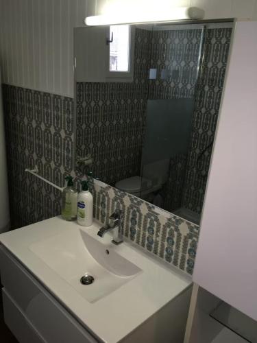 une salle de bain avec un lavabo et un miroir dans l'établissement Plage des Chalets, à Gruissan