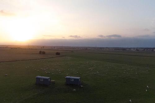 two blue boxes in a field with the sunset in the background at The Lookerer by Bloom Stays in Ashford