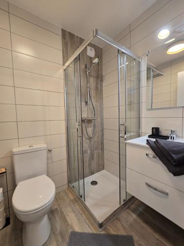 une salle de bain avec une douche avec des toilettes et un lavabo dans l'établissement S2 SWEET HOMES I Studio proche centre I Parking inclu, à Angoulême