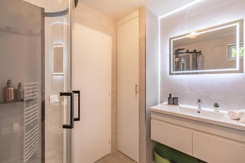 une salle de bain avec un lavabo et un miroir dans l'établissement Maison calme à 20 minutes de Paris, à Vitry-sur-Seine
