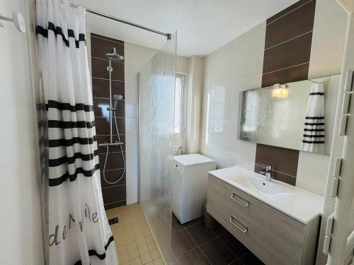 une salle de bain avec un lavabo et une douche dans l'établissement Spacieux 2 pièces vue mer, parking, wifi, à Quiberon