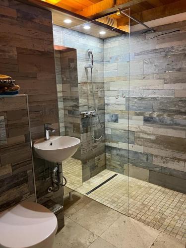 une salle de bain avec une douche, des toilettes et un lavabo dans l'établissement Ferienwohnung My-Port-Grimaud, à Grimaud