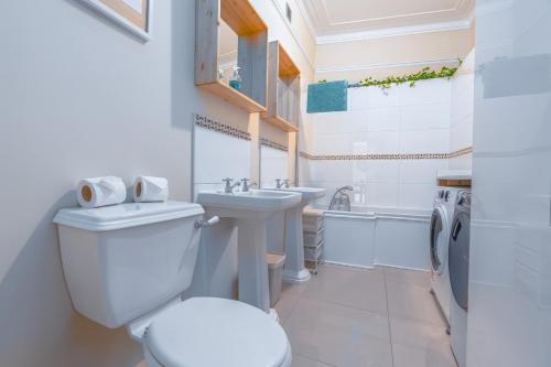 a bathroom with a toilet and a sink at Victorian High Street flat, parking, WiFi in Bristol