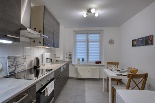 a kitchen with a counter and a table in it at Altstadt Domizil in Pirna