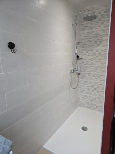 une salle de bain avec douche carrelée de blanc dans l'établissement Le Cottage des Vignes, à Saint-Christophe-des-Bardes