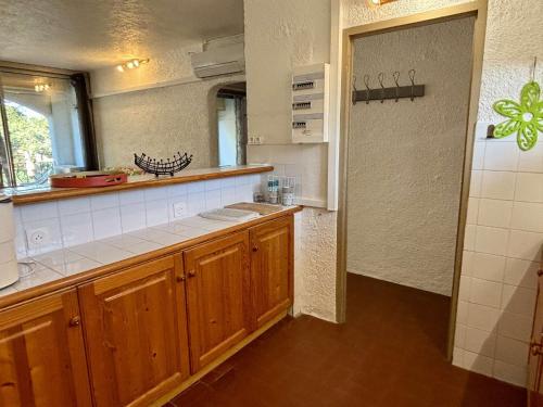 une grande cuisine avec des placards en bois et un évier dans l'établissement Appartement 3 pièces 6 couchages ARGELES SUR MER AR710-019, à Argelès-sur-Mer