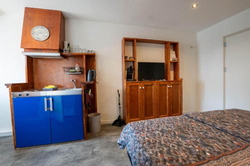 a bedroom with a blue cabinet and a bed at Appartementen De Witte Brugh in Buren