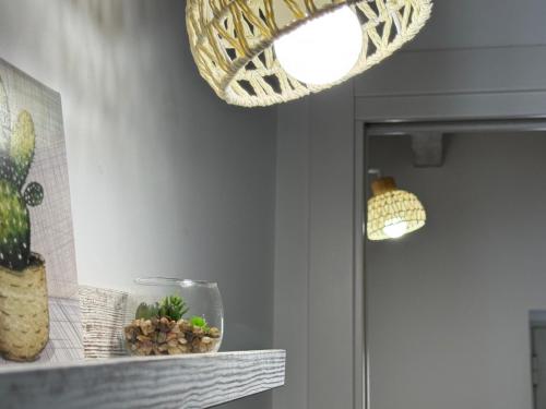 a pendant light and a potted plant on a counter at Casa Cibella Authentic Charme Apartments in Agrigento