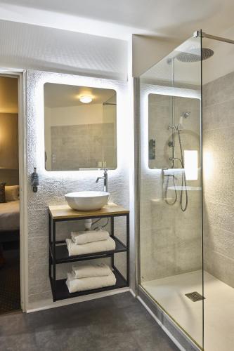 a bathroom with a sink and a shower at La Flambée in Sennecey-lès-Dijon