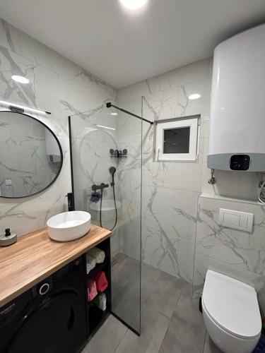 a bathroom with a shower and a toilet and a sink at Guest house TAK in Cetinje