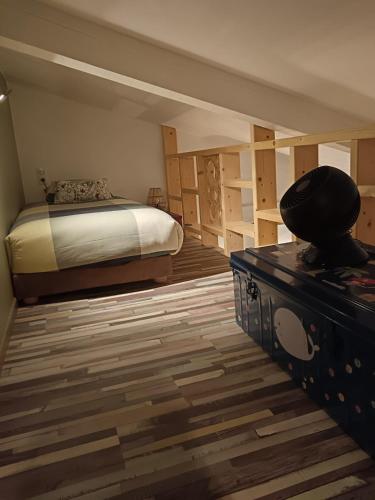 une chambre avec un lit et une commode dans l'établissement Gîte Odonate, à LʼIsle-sur-la-Sorgue