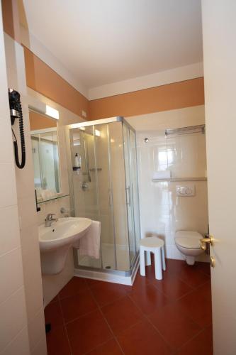 a bathroom with a shower and a sink and a toilet at Hotel Belvedere San Gottardo by LVG Hotel Collection in Verbania