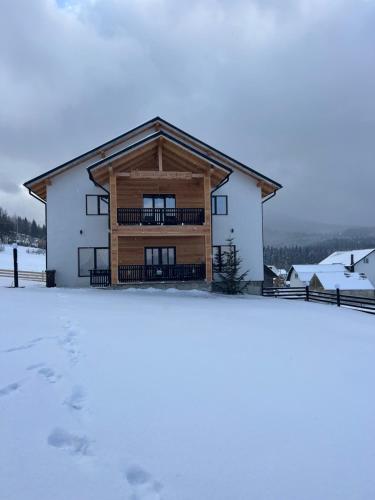 a house in the snow in front at Pensiunea Poiana Munților in Poiana Negrii