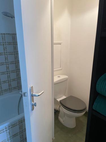 a small bathroom with a toilet and a tub at Petit deux pièces avec piscine in Vallauris