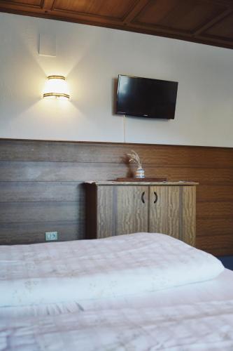 a bedroom with a bed and a tv on the wall at Belpra in Ortisei