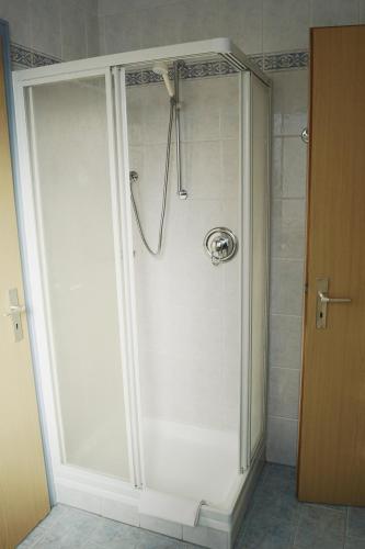 a shower with a glass door in a bathroom at Belpra in Ortisei