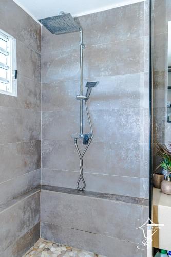 a shower with a shower head in a bathroom at MAISON SUNNY, Piscine chauffée et prestations haut de gamme in Schœlcher