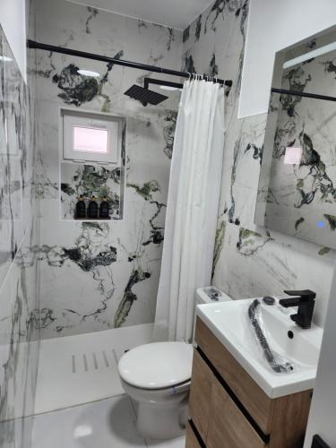 a bathroom with a toilet and a shower and a sink at La casita de Nori in León