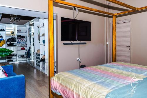 a bedroom with a bed and a flat screen tv at MAISON SUNNY, Piscine chauffée et prestations haut de gamme in Schœlcher