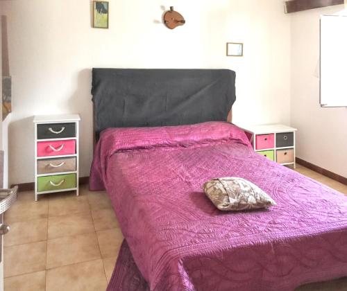 a bedroom with a pink bed with a pillow on it at Maison charmante à Poggio-Mezzana avec vue mer in Poggio-Mezzana
