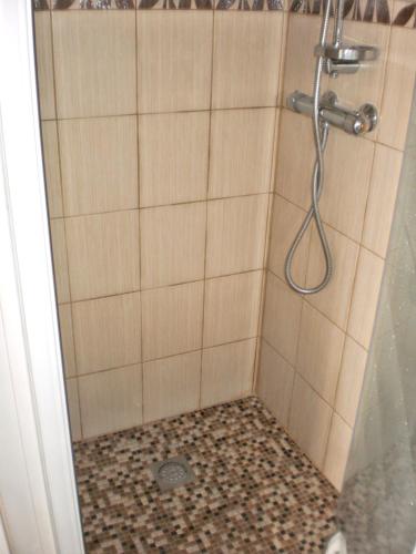 La salle de bains est pourvue d'une douche et d'un mur carrelé. dans l'établissement Maison charmante à Poggio-Mezzana avec vue mer, à Poggio-Mezzana