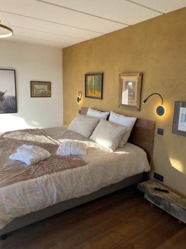 a bedroom with a large bed with two pillows at Les chambres du Donat in Sainte-Cécile