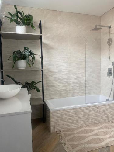 a bathroom with a tub and two potted plants at Vila Da Luz Calheta in Estreito da Calheta