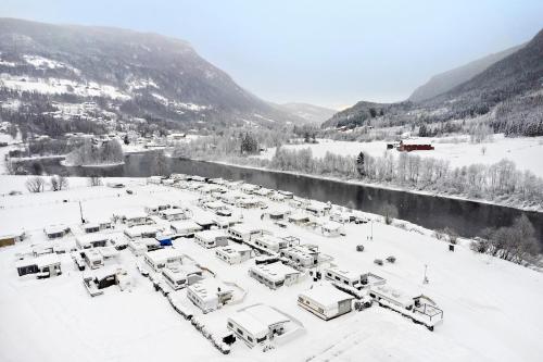 an aerial view of a parking lot in the snow at First Camp Gol Hallingdal in Gol