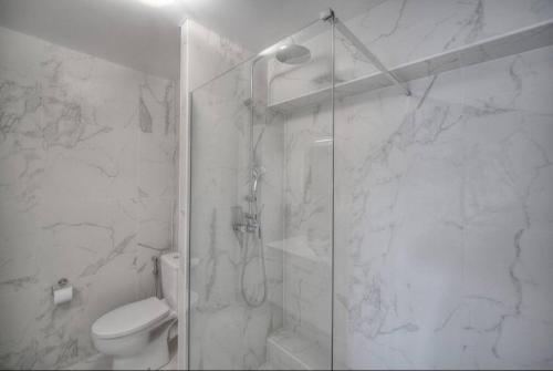 une salle de bain blanche avec douche et toilettes dans l'établissement Cannes 2 Bedroom Apartment - CC2, à Cannes