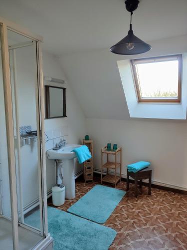 une salle de bain avec un lavabo et un miroir dans l'établissement GITE DE LA PIERROSE au coeur de la Normandie, à Cahagnolles