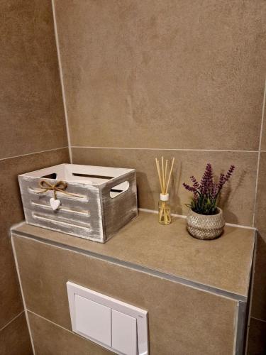 a silver box sitting on top of a counter with flowers at Apartments Mare in Mandre