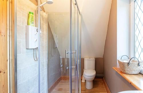 a bathroom with a shower and a toilet at Cute cottage for short getaway in Cross Mahon