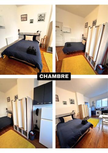 un collage de photos d'une chambre avec réfrigérateur dans l'établissement Le petit républicain, au Péage-de-Roussillon
