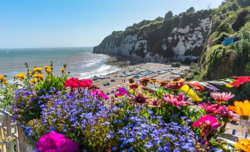 a view of a beach with flowers and the ocean at Sunny Side - in the Heart of Beer in Beer