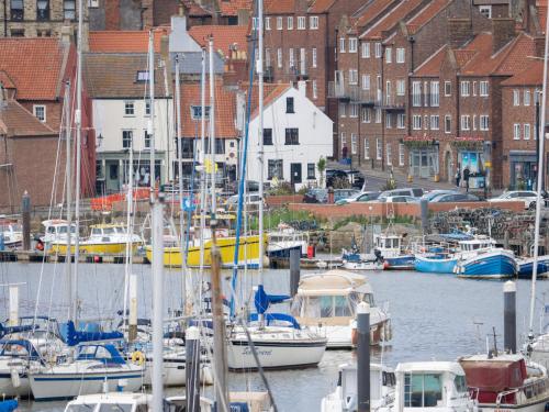 a group of boats docked in a harbor with buildings at YHA Whitby in Whitby